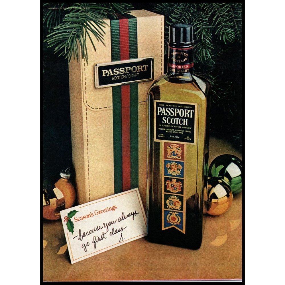 1978 Passport Scotch Christmas Gift Box Vintage Print Ad Tree Balls Wall Art